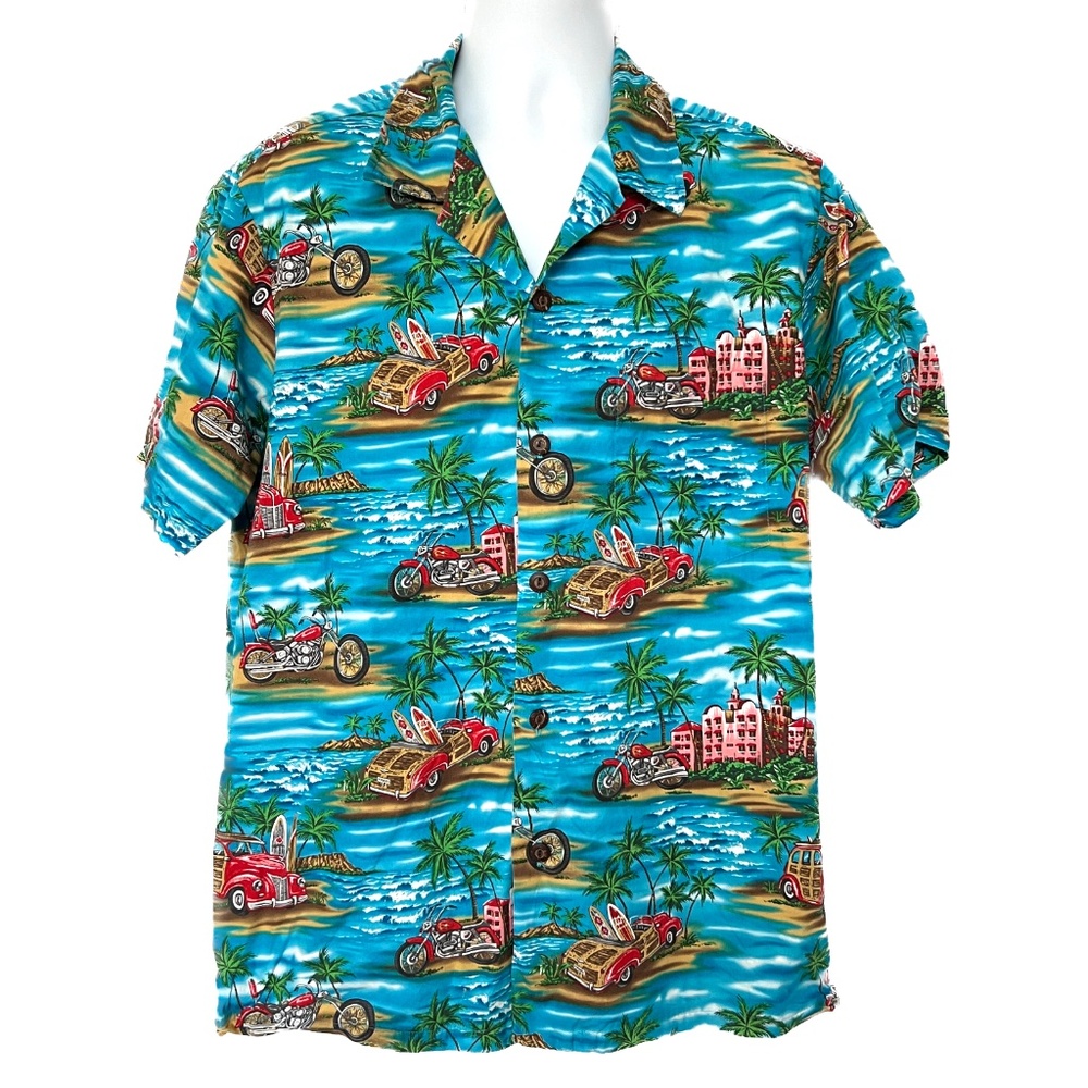 Naniloa Shirt Hawaiian Button Up XL Blue Motorcyle Woody USA Lamco Vintage